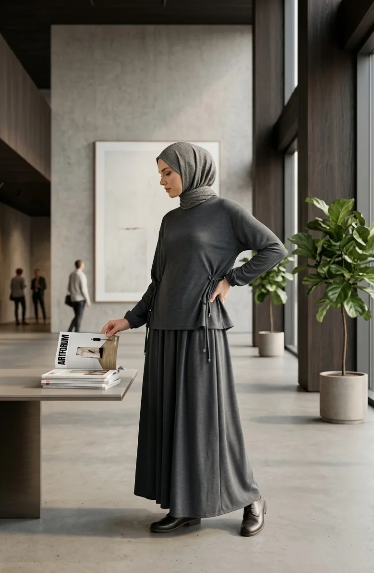 Ensemble Hijab Deux Pièces Oysho En Tissu Anthracite Composé D`un Chemisier Et D`une Jupe à Lacets Référence 5660-03 5660-03