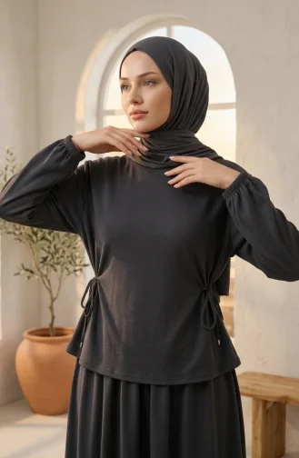 Ensemble Hijab Deux Pièces Oysho En Tissu Anthracite Composé D`un Chemisier Et D`une Jupe à Lacets Référence 5660-03 5660-03