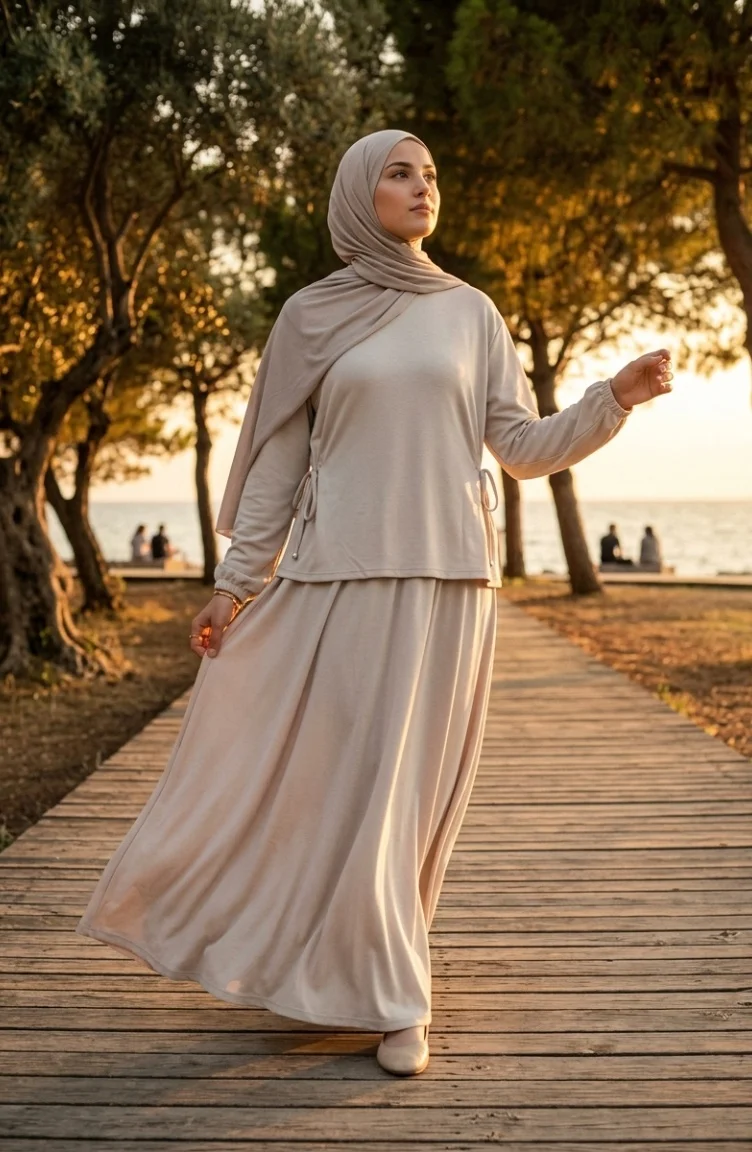 Ensemble Hijab Deux Pièces Oysho En Tissu Beige Composé D`un Chemisier Et D`une Jupe à Lacets Référence 5660-04 5660-04