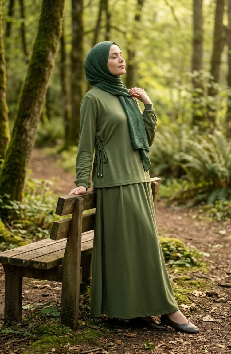 Ensemble Hijab Deux Pièces Oysho En Tissu Kaki Composé D`un Chemisier Et D`une Jupe à Lacets Référence 5660-05 5660-05