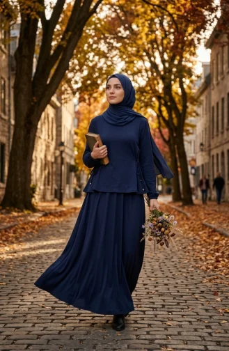 Ensemble Hijab Deux Pièces Oysho En Tissu Bleu Marine Composé D`un Chemisier Et D`une Jupe à Lacets 5660-07