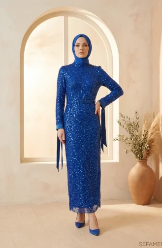 Beaded Tulle Hijab Evening Dress 5730-07 Navy Blue 5730-07