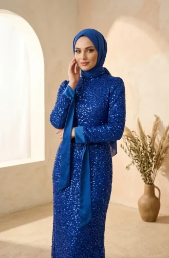 Beaded Tulle Hijab Evening Dress 5730-07 Navy Blue 5730-07