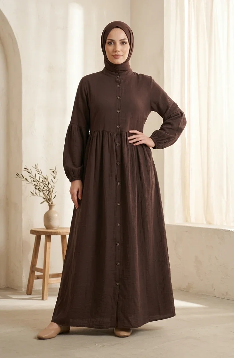 Muslin Fabric Button-Down Yoke Dress 2277-01 Brown 2277-01