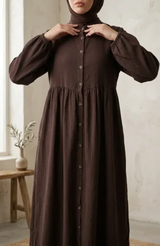 Muslin Fabric Button-Down Yoke Dress 2277-01 Brown 2277-01