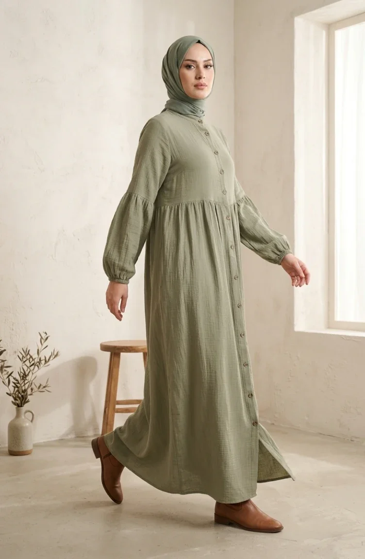 Muslin Fabric Button-Down Yoke Dress 2277-02 Khaki 2277-02