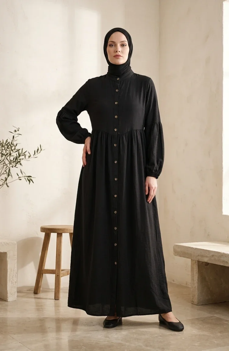 Kleid Aus Musselinstoff Mit Geknöpfter Passe Bodenlang 2277-04 Schwarz 2277-04