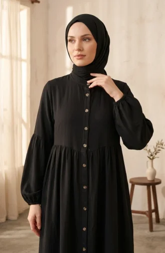 Kleid Aus Musselinstoff Mit Geknöpfter Passe Bodenlang 2277-04 Schwarz 2277-04