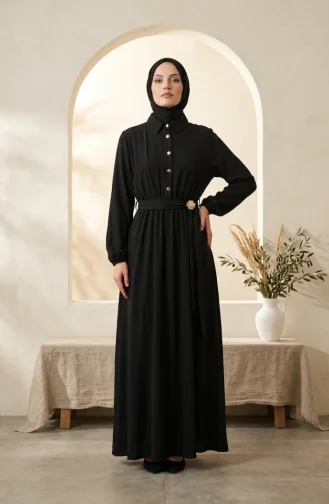 Robe Noire à Demi-boutons Et Taille élastiquée 0319-03 0319-03