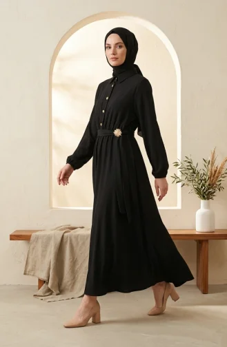 Robe Noire à Demi-boutons Et Taille élastiquée 0319-03 0319-03
