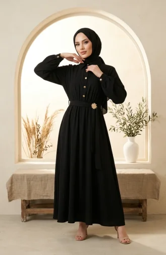Robe Noire à Demi-boutons Et Taille élastiquée 0319-03 0319-03
