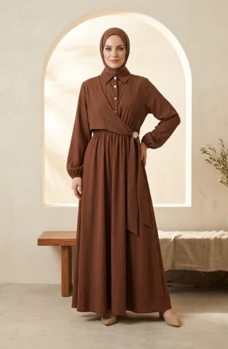 Robe Marron à Demi-boutons Et Taille élastiquée 0319-05 0319-05