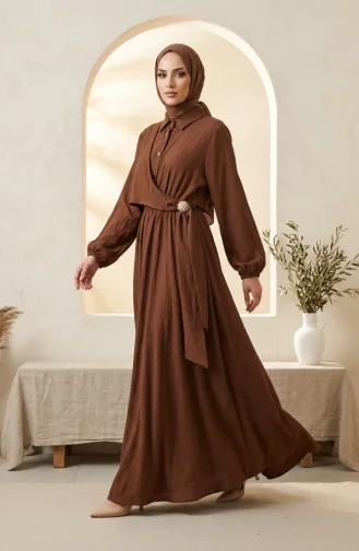 Robe Marron à Demi-boutons Et Taille élastiquée 0319-05 0319-05