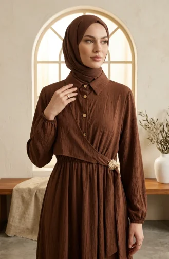 Robe Marron à Demi-boutons Et Taille élastiquée 0319-05 0319-05