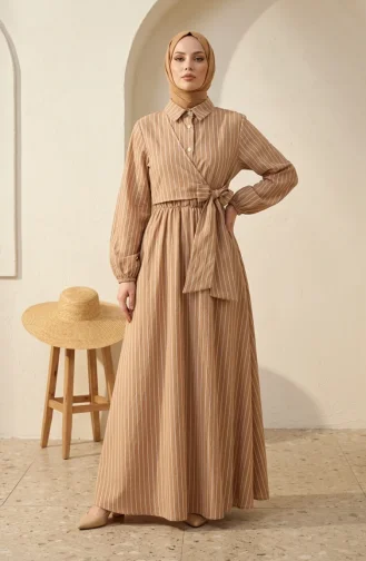 Robe Rayée à Demi-boutons Et Taille élastiquée 0320-01 Café Au Lait 0320-01