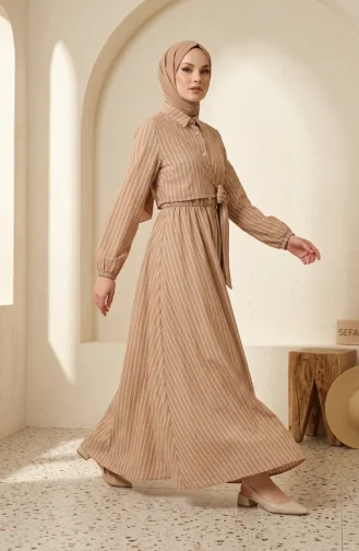 Robe Rayée à Demi-boutons Et Taille élastiquée 0320-01 Café Au Lait 0320-01