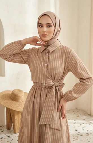 Robe Rayée à Demi-boutons Et Taille élastiquée 0320-01 Café Au Lait 0320-01