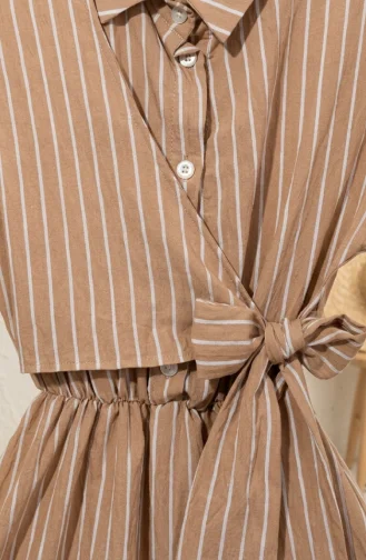 Robe Rayée à Demi-boutons Et Taille élastiquée 0320-01 Café Au Lait 0320-01