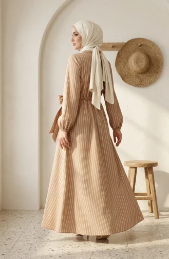 Robe Rayée à Demi-boutons Et Taille élastiquée 0320-01 Café Au Lait 0320-01