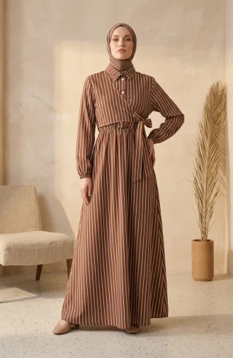 Robe Rayée Marron à Demi-boutons Et Taille élastiquée 0320-02 0320-02