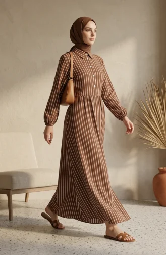 Robe Rayée Marron à Demi-boutons Et Taille élastiquée 0320-02 0320-02