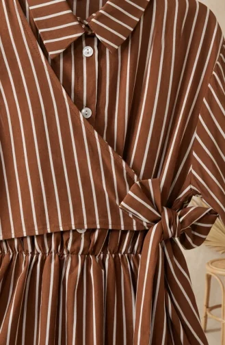 Robe Rayée Marron à Demi-boutons Et Taille élastiquée 0320-02 0320-02