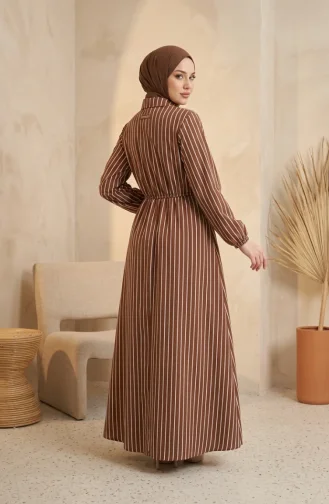 Robe Rayée Marron à Demi-boutons Et Taille élastiquée 0320-02 0320-02