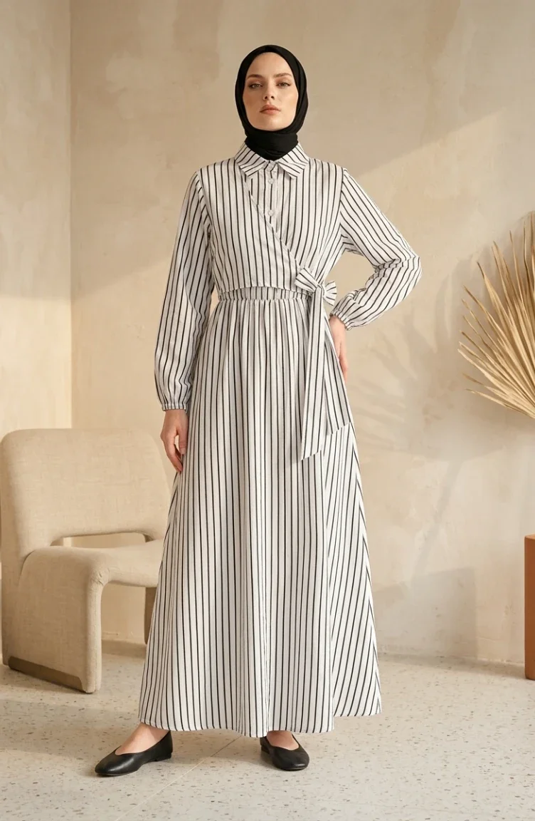 Robe Rayée Blanche à Demi-boutons Et Taille élastiquée 0320-03 0320-03