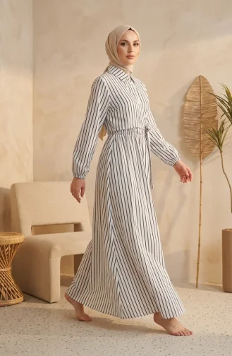 Robe Rayée Blanche à Demi-boutons Et Taille élastiquée 0320-03 0320-03