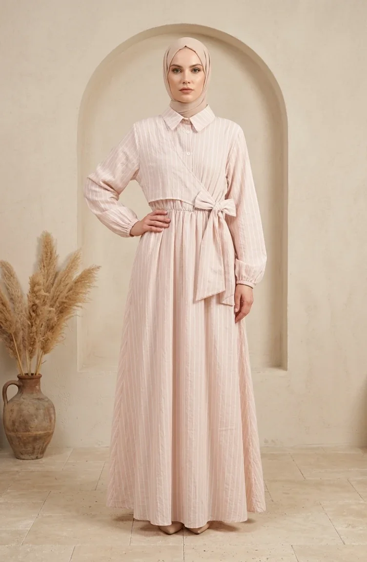 Robe Rayée Beige à Demi-boutons Et Taille élastiquée 0320-05 0320-05