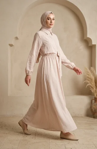 Robe Rayée Beige à Demi-boutons Et Taille élastiquée 0320-05 0320-05