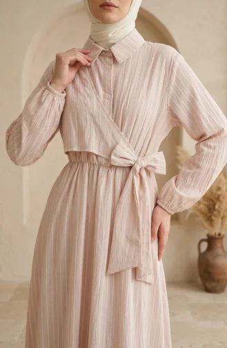 Robe Rayée Beige à Demi-boutons Et Taille élastiquée 0320-05 0320-05