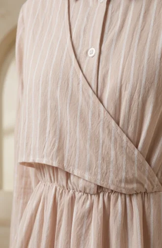 Robe Rayée Beige à Demi-boutons Et Taille élastiquée 0320-05 0320-05