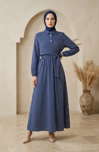Robe Rayée à Demi-boutons Et Taille élastiquée 0320-06 Bleu Marine 0320-06