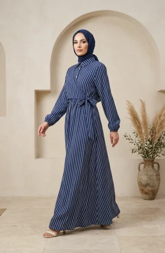 Robe Rayée à Demi-boutons Et Taille élastiquée 0320-06 Bleu Marine 0320-06