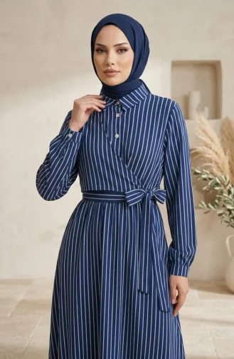 Robe Rayée à Demi-boutons Et Taille élastiquée 0320-06 Bleu Marine 0320-06