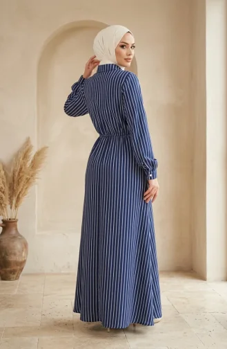 Robe Rayée à Demi-boutons Et Taille élastiquée 0320-06 Bleu Marine 0320-06