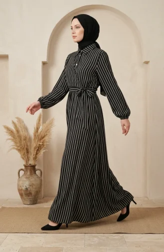 Robe Rayée Noire à Demi-boutons Et Taille élastiquée 0320-07 0320-07