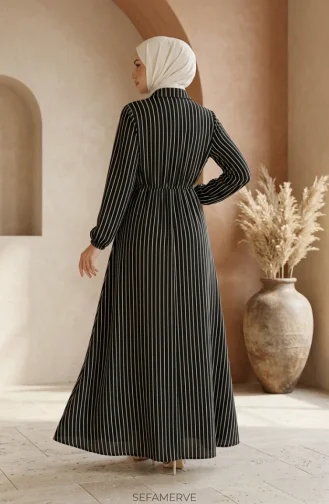 Robe Rayée Noire à Demi-boutons Et Taille élastiquée 0320-07 0320-07