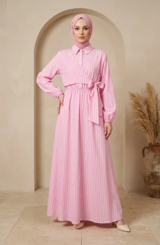 Robe Rayée Rose à Demi-boutons Et Taille élastiquée 0320-08 0320-08