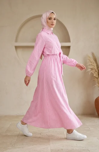 Robe Rayée Rose à Demi-boutons Et Taille élastiquée 0320-08 0320-08