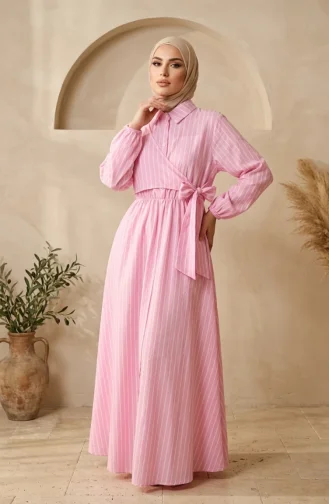 Robe Rayée Rose à Demi-boutons Et Taille élastiquée 0320-08 0320-08