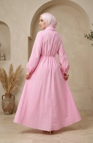 Robe Rayée Rose à Demi-boutons Et Taille élastiquée 0320-08 0320-08