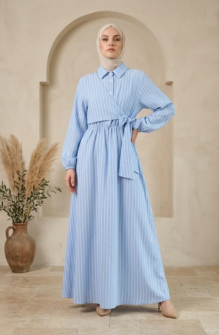 Robe Rayée à Demi-boutons Et Taille élastiquée 0320-09 Bleu Glacier 0320-09