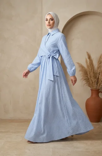 Robe Rayée à Demi-boutons Et Taille élastiquée 0320-09 Bleu Glacier 0320-09