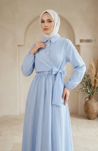 Robe Rayée à Demi-boutons Et Taille élastiquée 0320-09 Bleu Glacier 0320-09
