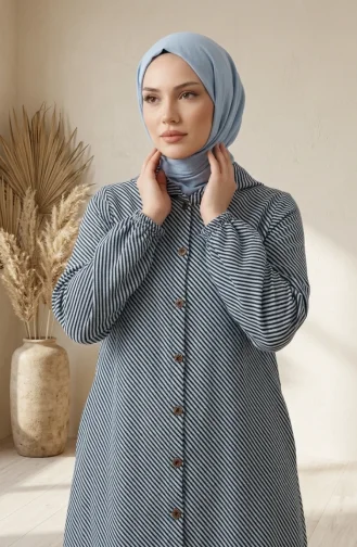 معطف كشمير بأزرار وغطاء رأس 0201-08 أزرق ثلجي 0201-08