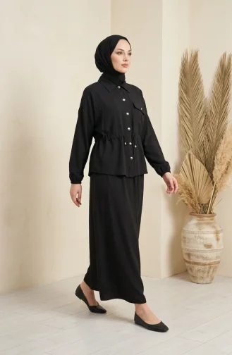 طقم مكون من قطعتين: بلوزة وتنورة بأزرار وحزام، 0318-06 أسود 0318-06