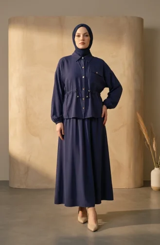 Two-piece Set: Tunic And Skirt With Belt And Button Closure 0318-02 Navy Blue 0318-02