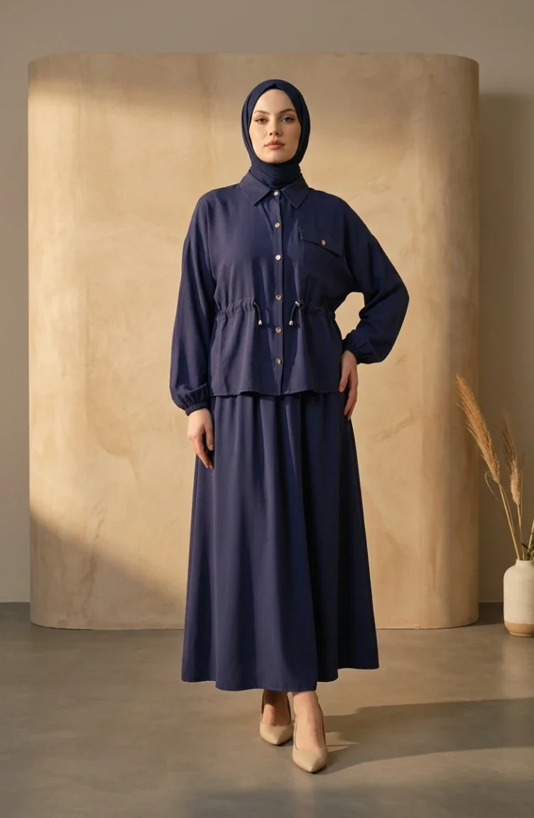 Two-piece Set: Tunic And Skirt With Belt And Button Closure 0318-02 Navy Blue 0318-02